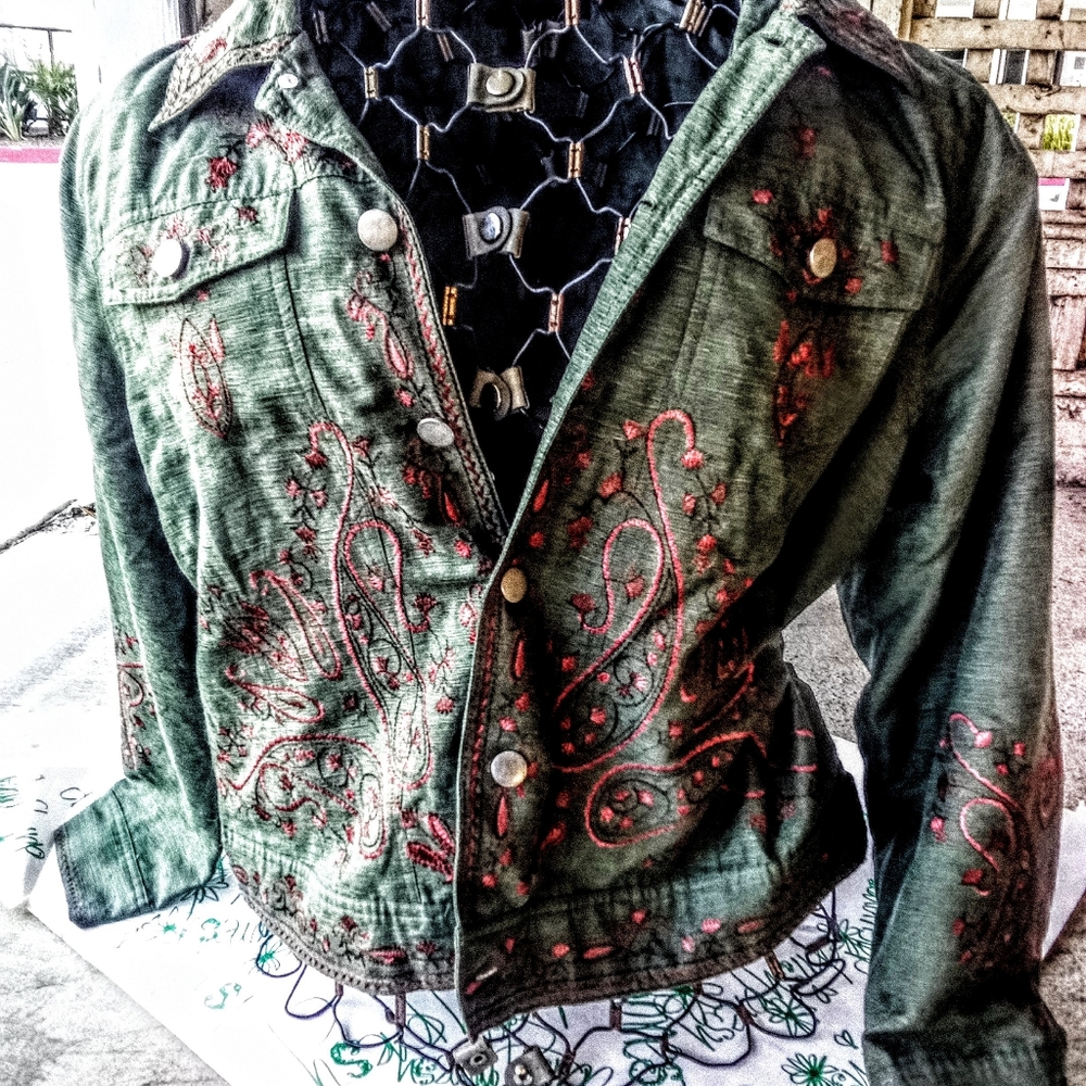 Vintage Willi Wear Western Embroidered Green Jacket w/ Red Stitching Jacket